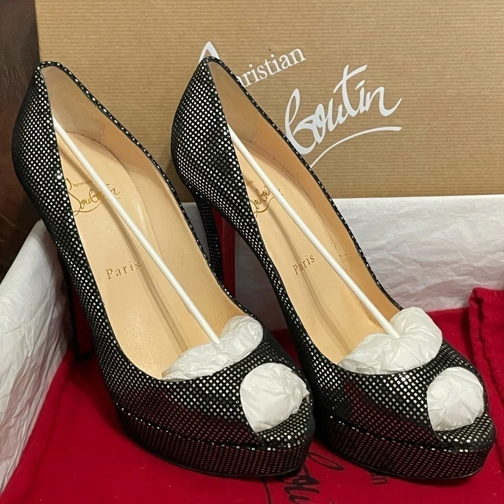 Christian Louboutin Lady Peep plaid polka glitter pump 140mm 1” platform EU38.5